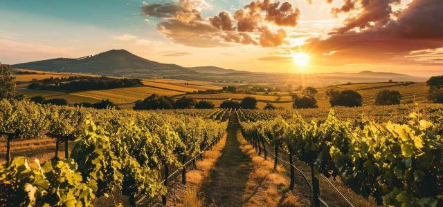 Vineyard at Sunset With Rows of Grapevines and a Distant Mountain